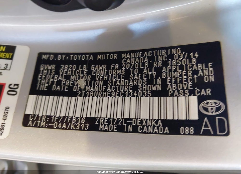 2014 TOYOTA COROLLA VIN: 2T1BURHE9EC134035