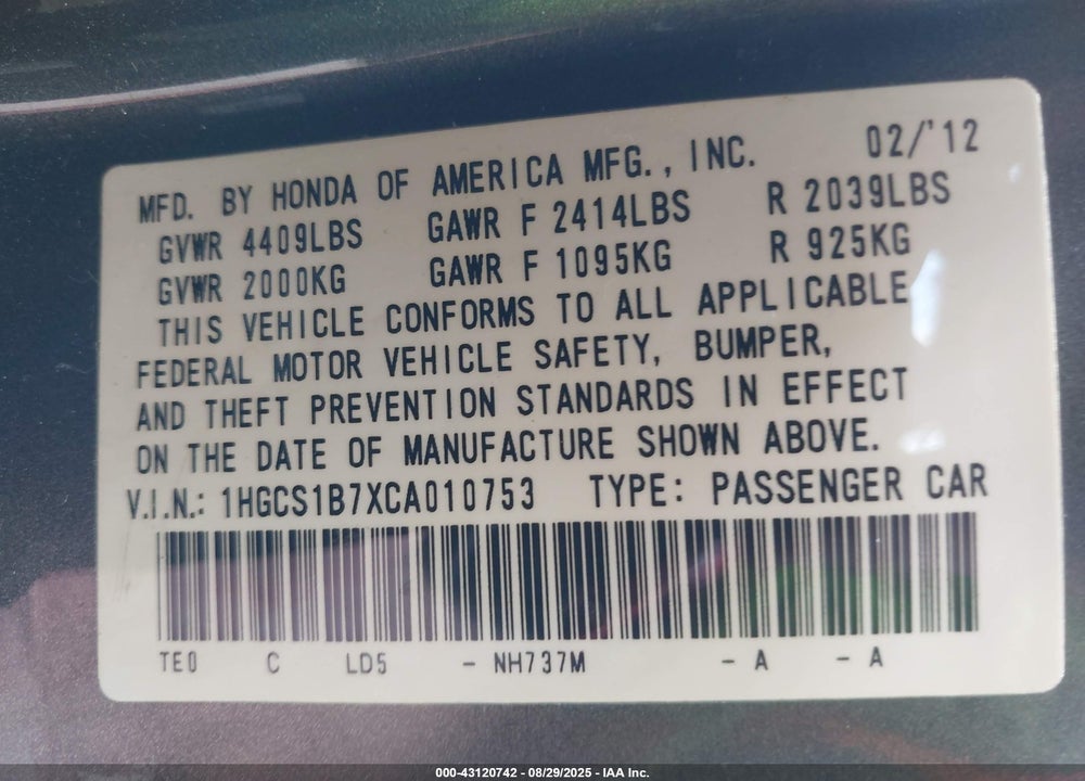 2012 HONDA ACCORD VIN: 1HGCS1B7XCA010753