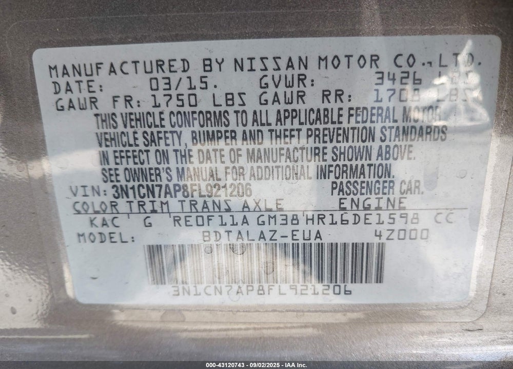 2015 NISSAN VERSA 1.6 S+ VIN: 3N1CN7AP8FL921206