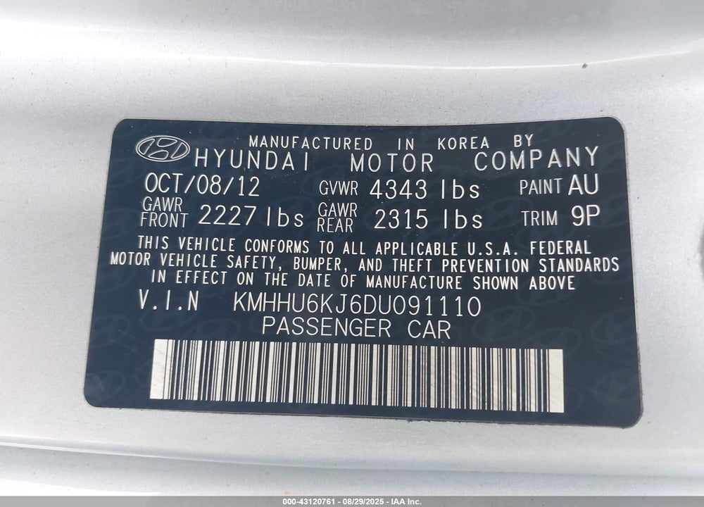 2013 HYUNDAI GENESIS VIN: KMHHU6KJ6DU091110