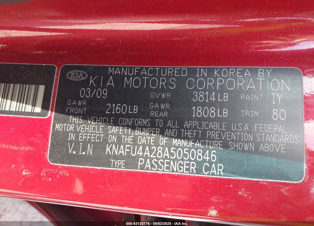 2010 KIA FORTE VIN: KNAFU4A28A5050846