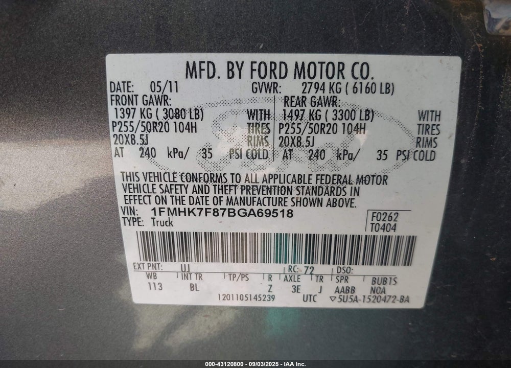 2011 FORD EXPLORER VIN: 1FMHK7F87BGA69518