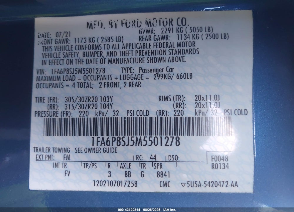 2021 FORD MUSTANG VIN: 1FA6P8SJ5M5501278