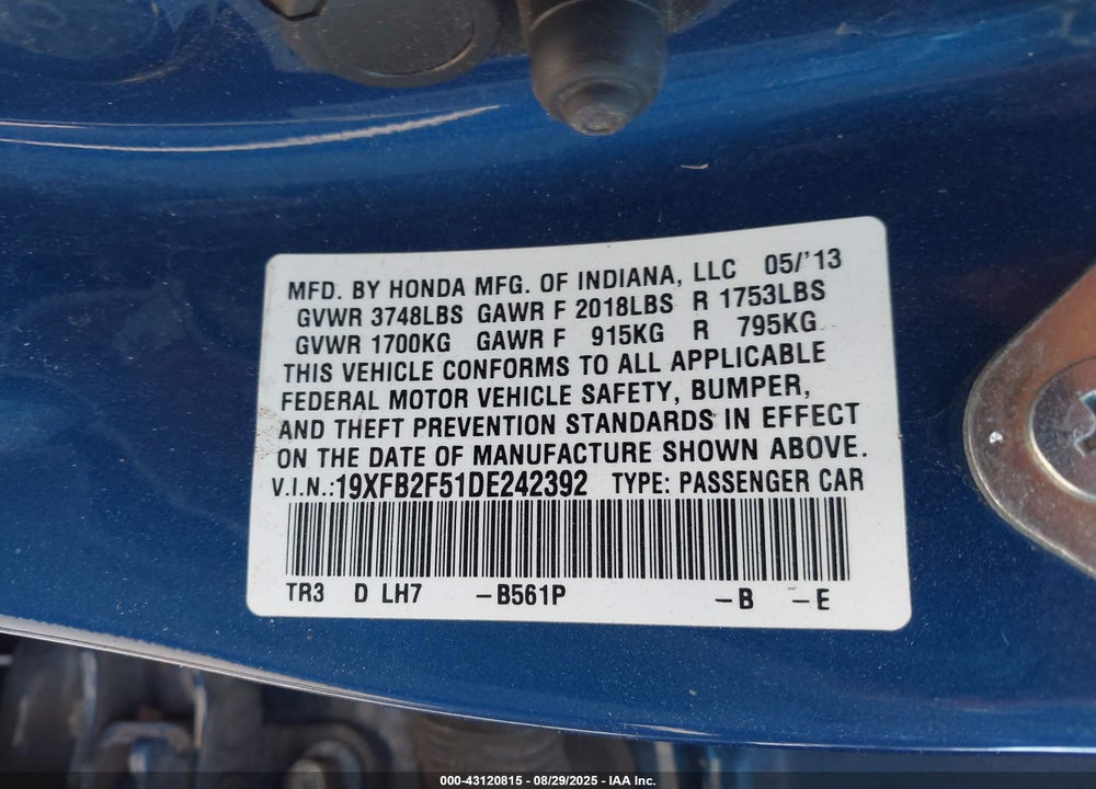 2013 HONDA CIVIC VIN: 19XFB2F51DE242392