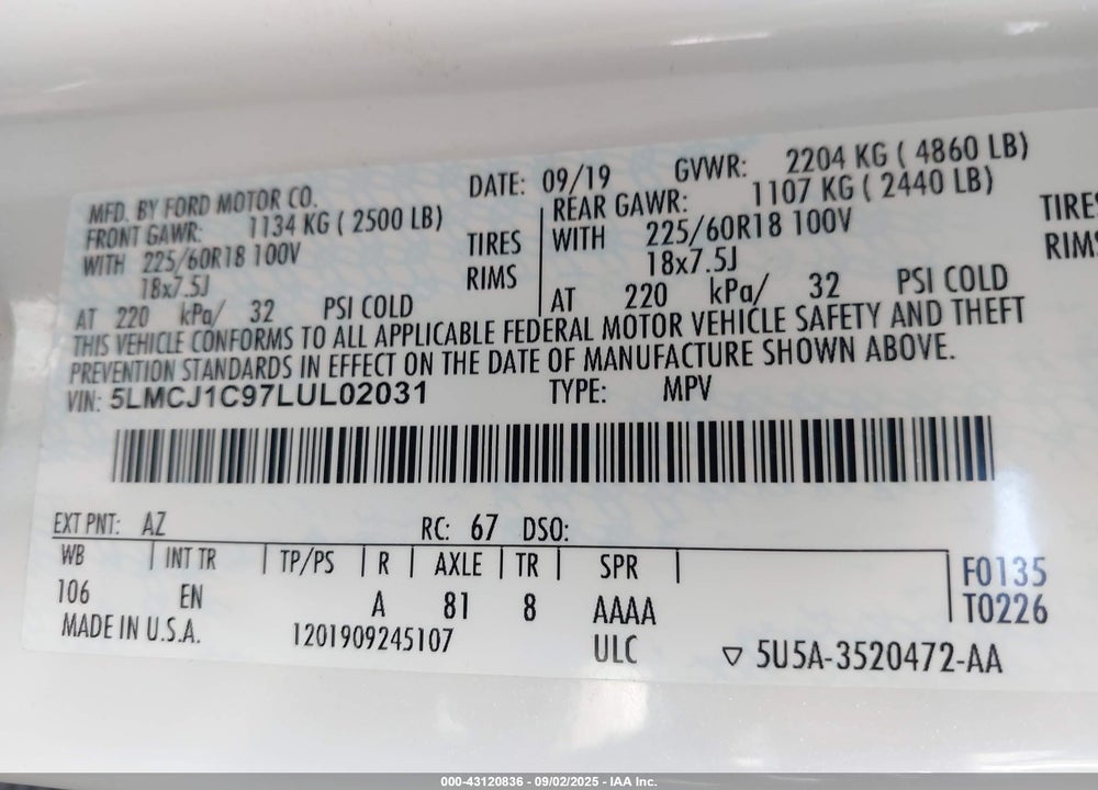 2020 LINCOLN CORSAIR STANDARD VIN: 5LMCJ1C97LUL02031