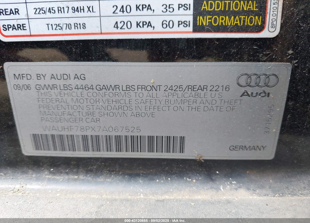 2007 AUDI A3 VIN: WAUHF78PX7A067525