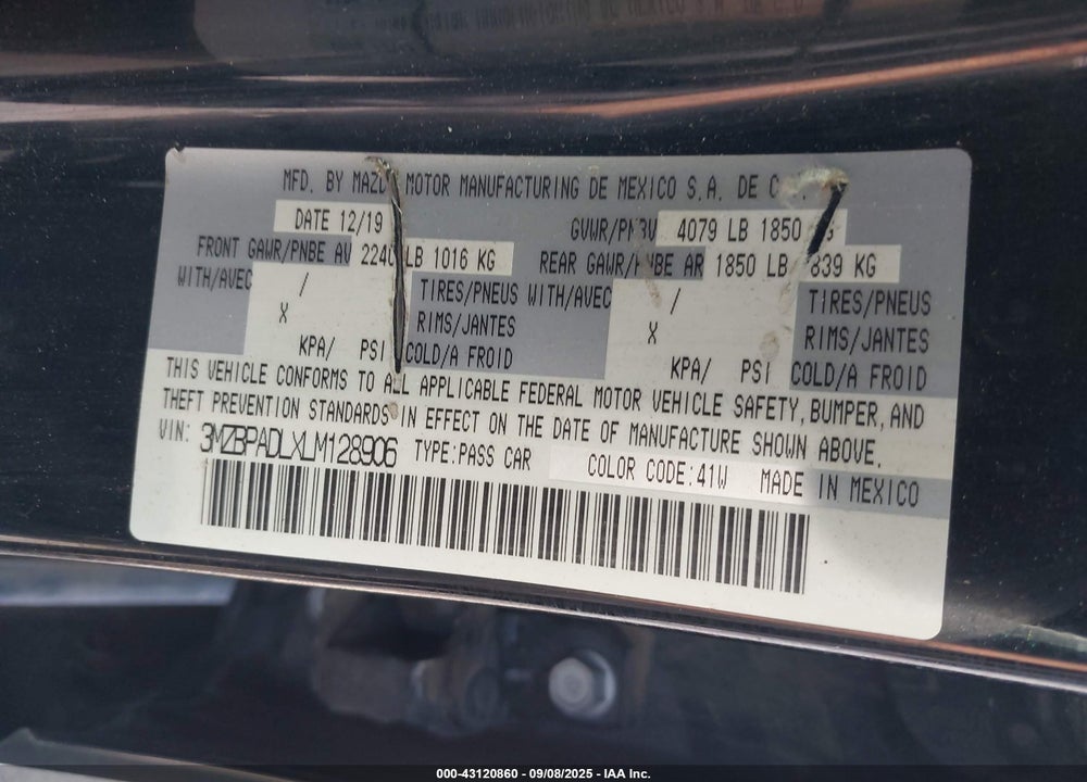 2020 MAZDA 3 VIN: 3MZBPADLXLM128906