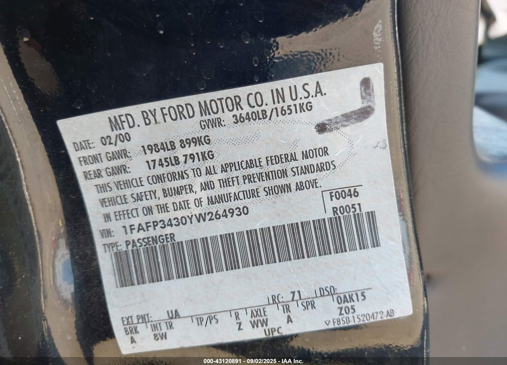 2000 FORD FOCUS SE VIN: 1FAFP3430YW264930