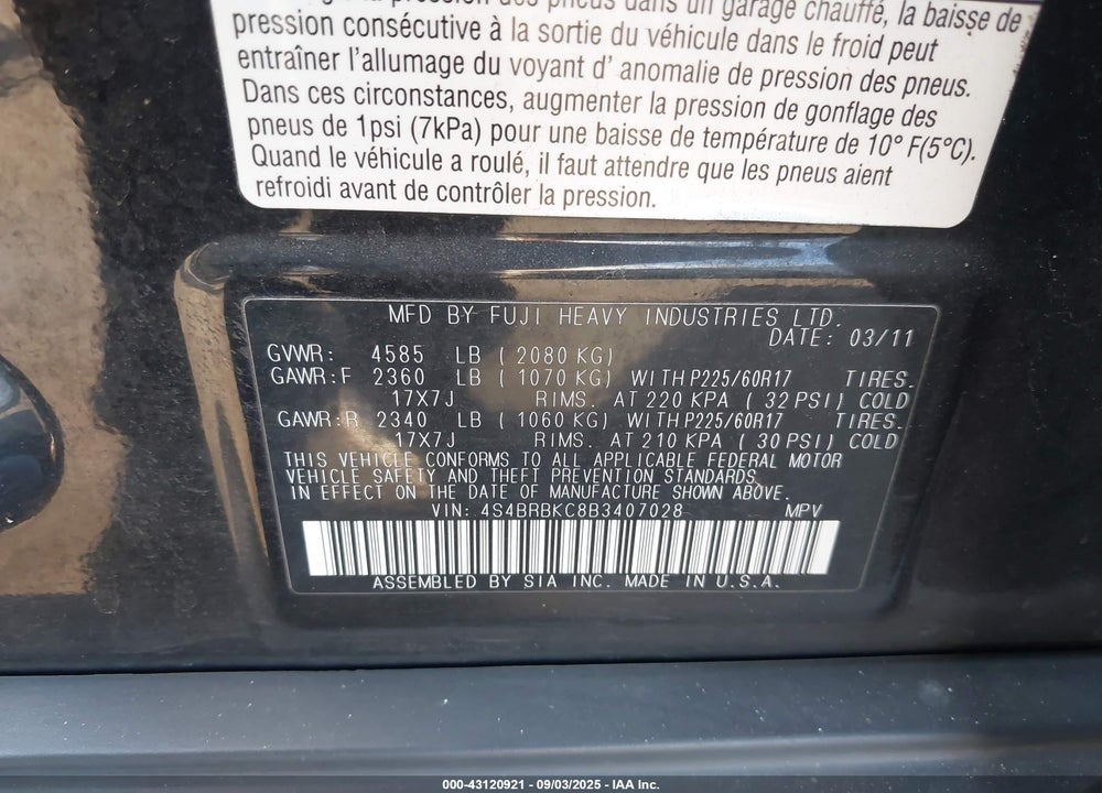 2011 SUBARU OUTBACK VIN: 4S4BRBKC8B3407028