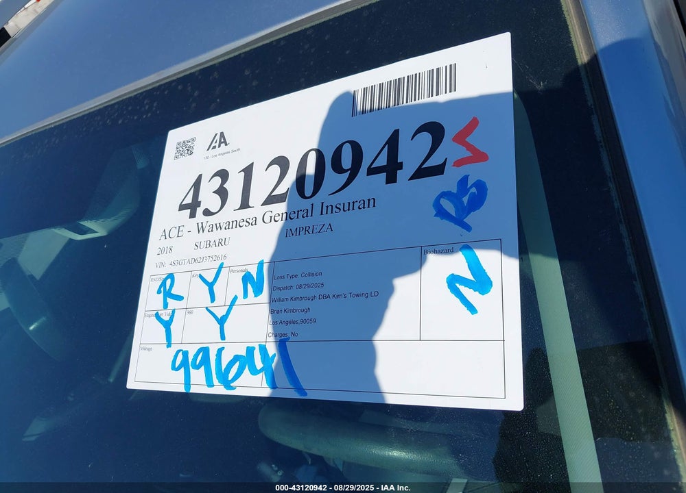 2018 SUBARU IMPREZA VIN: 4S3GTAD62J3752616