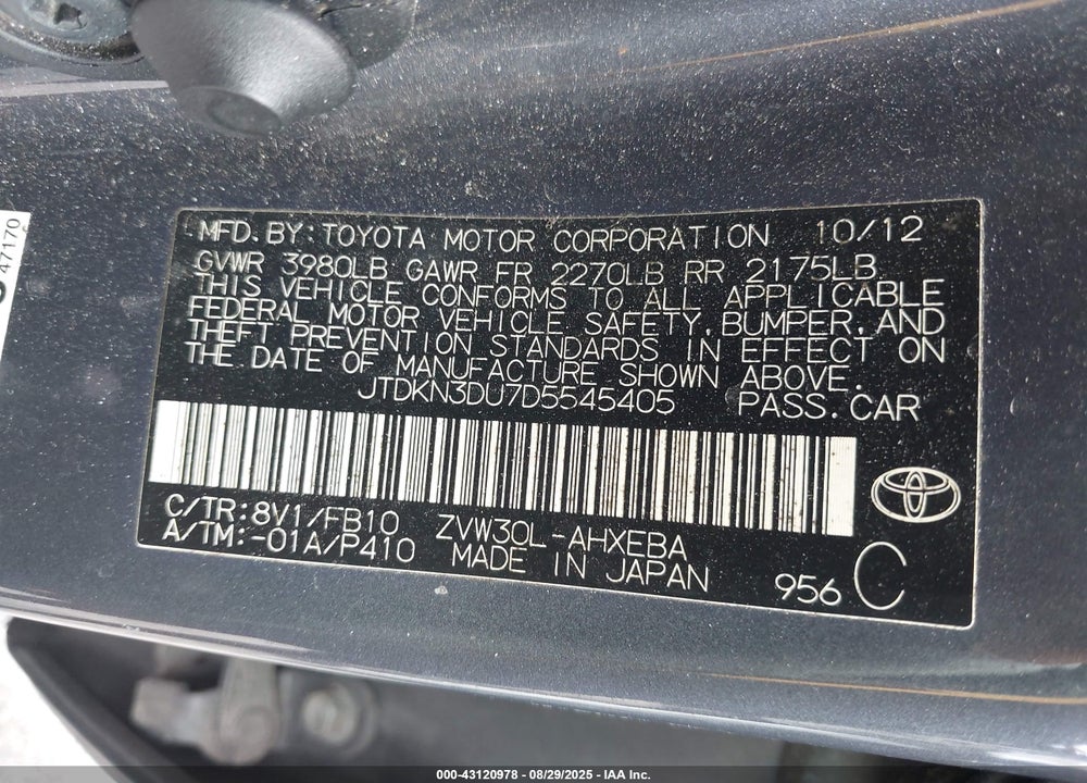 2013 TOYOTA PRIUS VIN: JTDKN3DU7D5545405