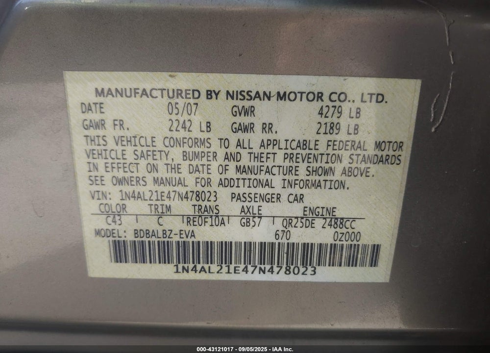 2007 NISSAN ALTIMA 2.5 S VIN: 1N4AL21E47N478023