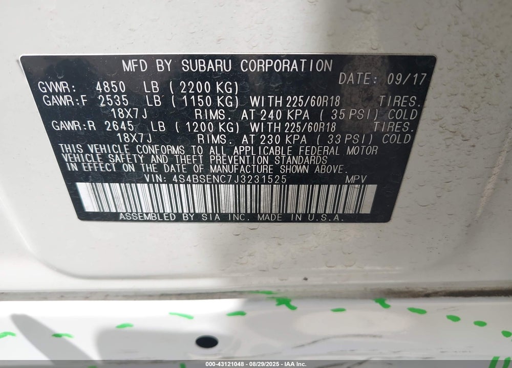 2018 SUBARU OUTBACK 3.6R LIMITED VIN: 4S4BSENC7J3231525