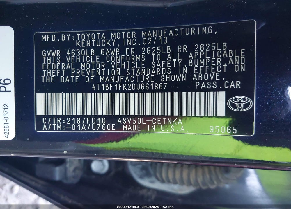 2013 TOYOTA CAMRY VIN: 4T1BF1FK2DU661867