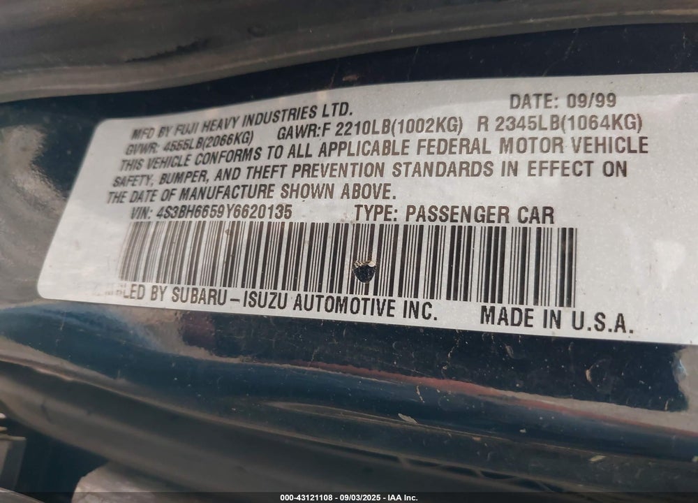 2000 SUBARU OUTBACK VIN: 4S3BH6659Y6620135