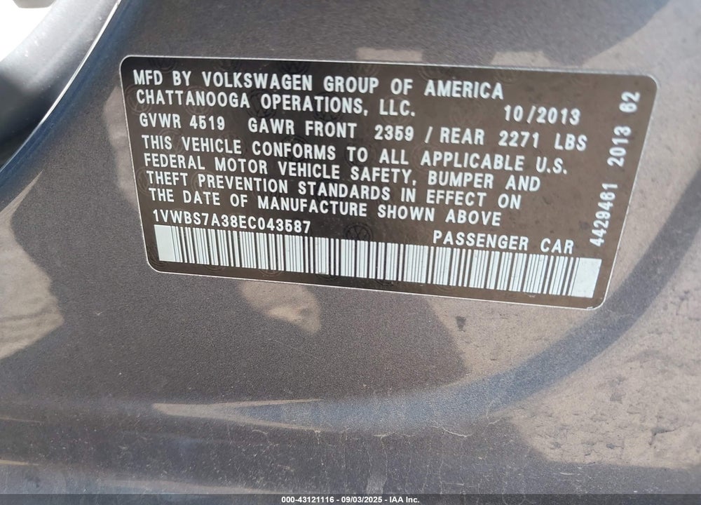 2014 VOLKSWAGEN PASSAT 1.8T SE VIN: 1VWBS7A38EC043587