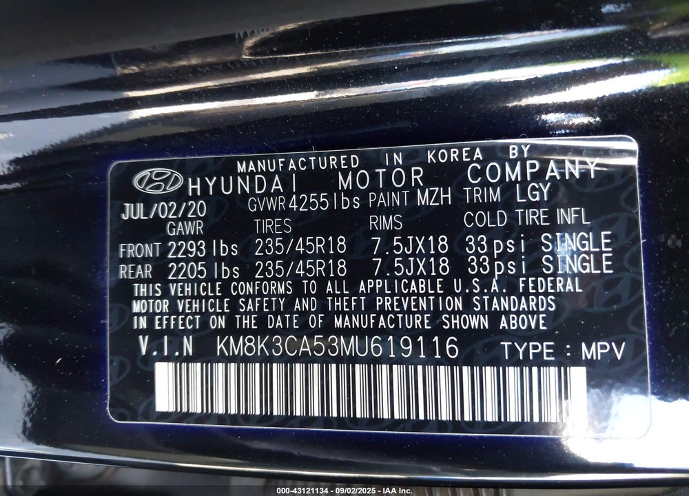 2021 HYUNDAI KONA LIMITED VIN: KM8K3CA53MU619116
