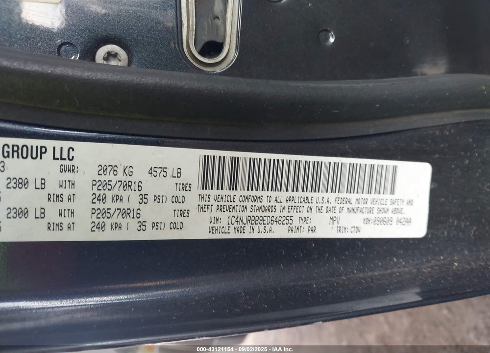 2014 JEEP PATRIOT VIN: 1C4NJRBB9ED646255