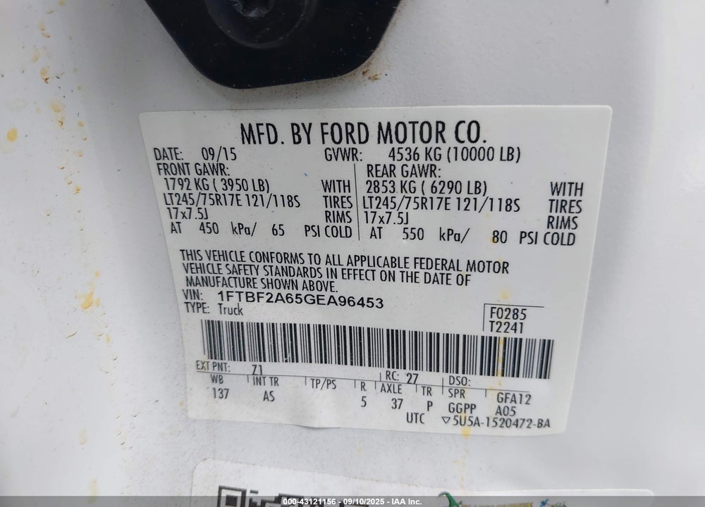 2016 FORD F-250 VIN: 1FTBF2A65GEA96453