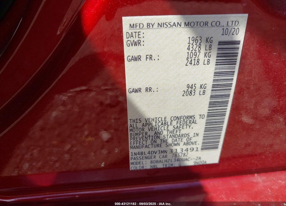 2021 NISSAN ALTIMA VIN: 1N4BL4DV3MN313491