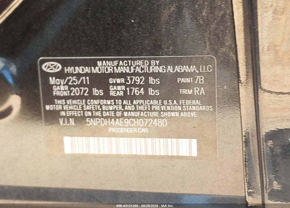 2012 HYUNDAI ELANTRA VIN: 5NPDH4AE9CH072480
