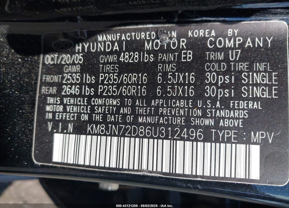 2006 HYUNDAI TUCSON VIN: KM8JN72D86U312496