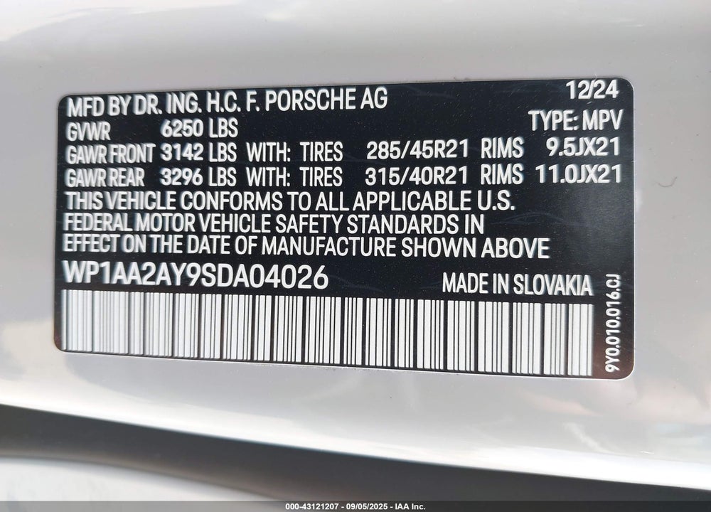 2025 PORSCHE CAYENNE VIN: WP1AA2AY9SDA04026