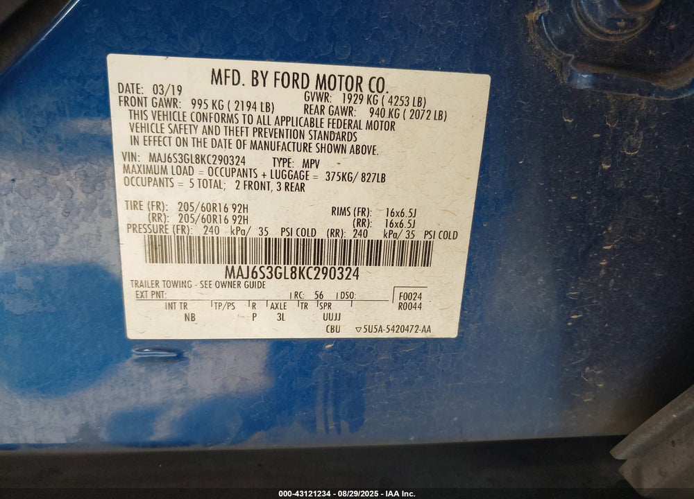 2019 FORD ECOSPORT SE VIN: MAJ6S3GL8KC290324