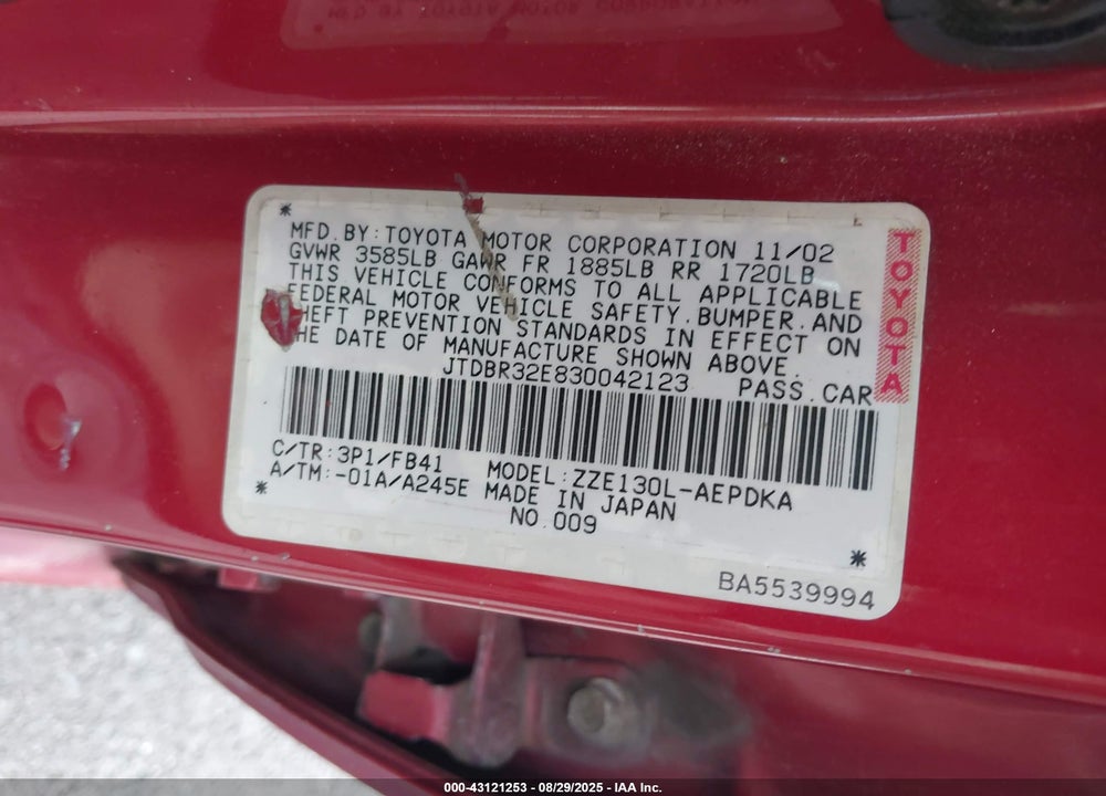 2003 TOYOTA COROLLA CE VIN: JTDBR32E830042123