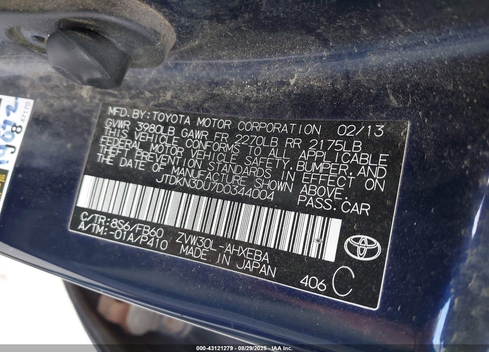 2013 TOYOTA PRIUS VIN: JTDKN3DU7D0344004