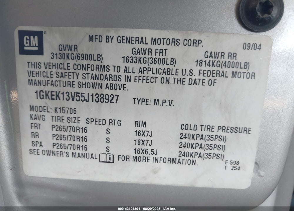 2005 GMC YUKON SLE VIN: 1GKEK13V55J138927