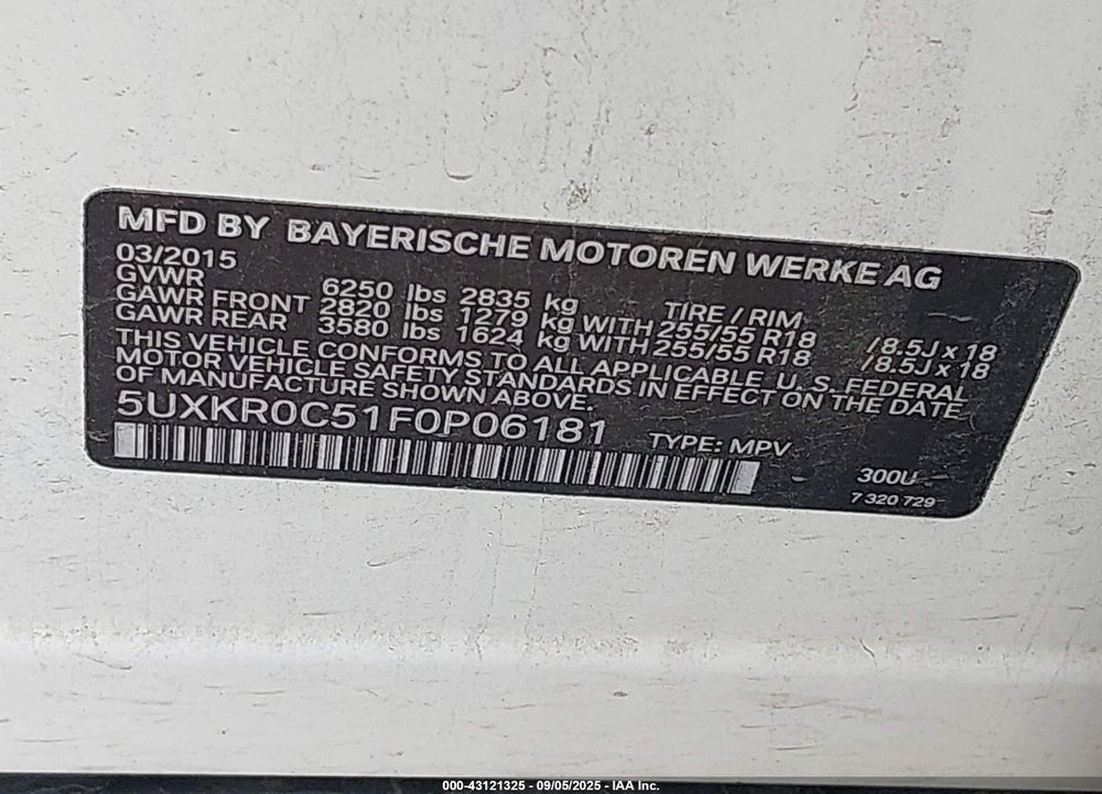 2015 BMW X5 VIN: 5UXKR0C51F0P06181