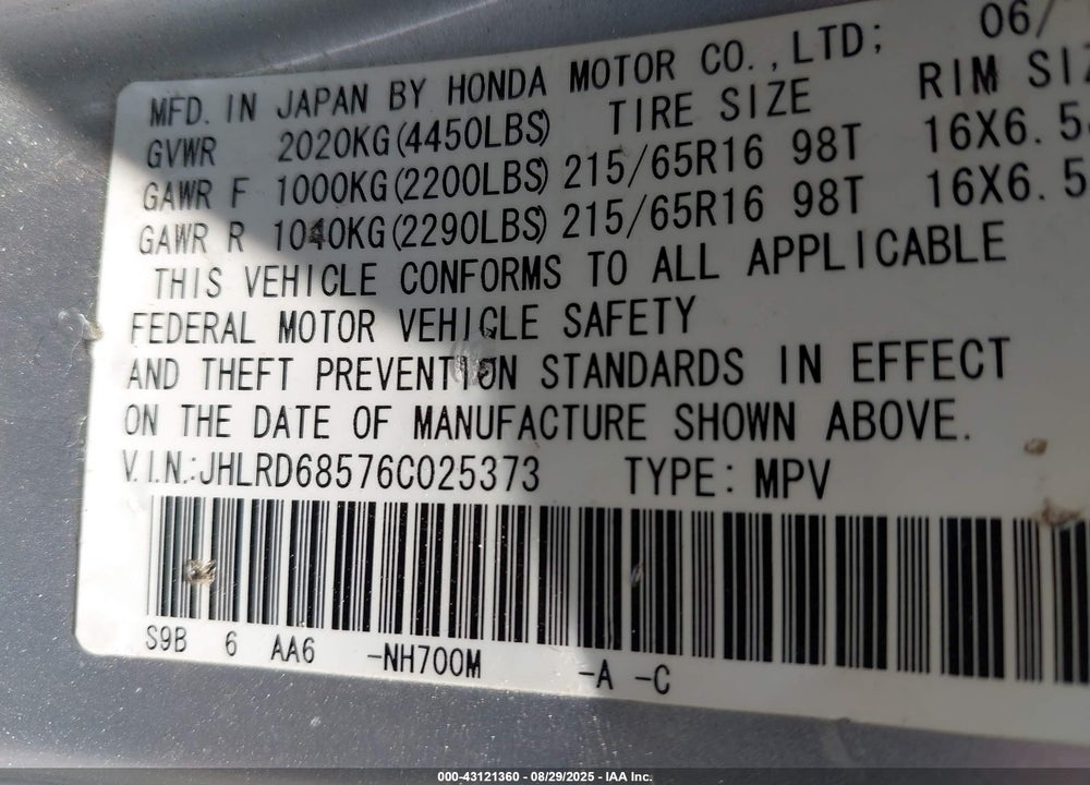 2006 HONDA CR-V LX VIN: JHLRD68576C025373