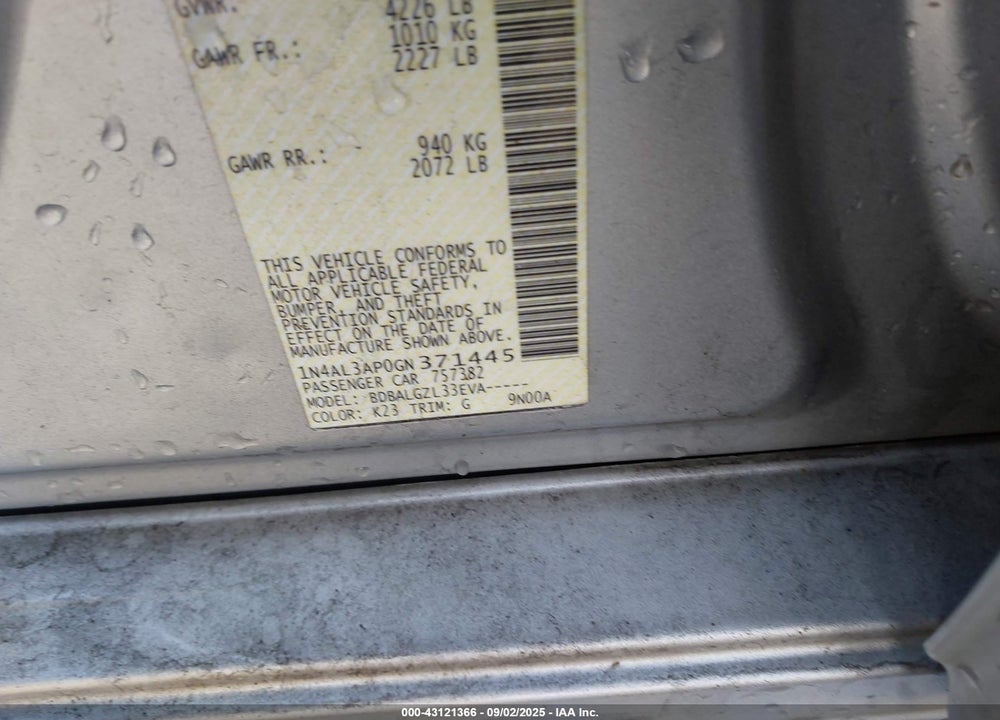 2016 NISSAN ALTIMA VIN: 1N4AL3APOGN371445
