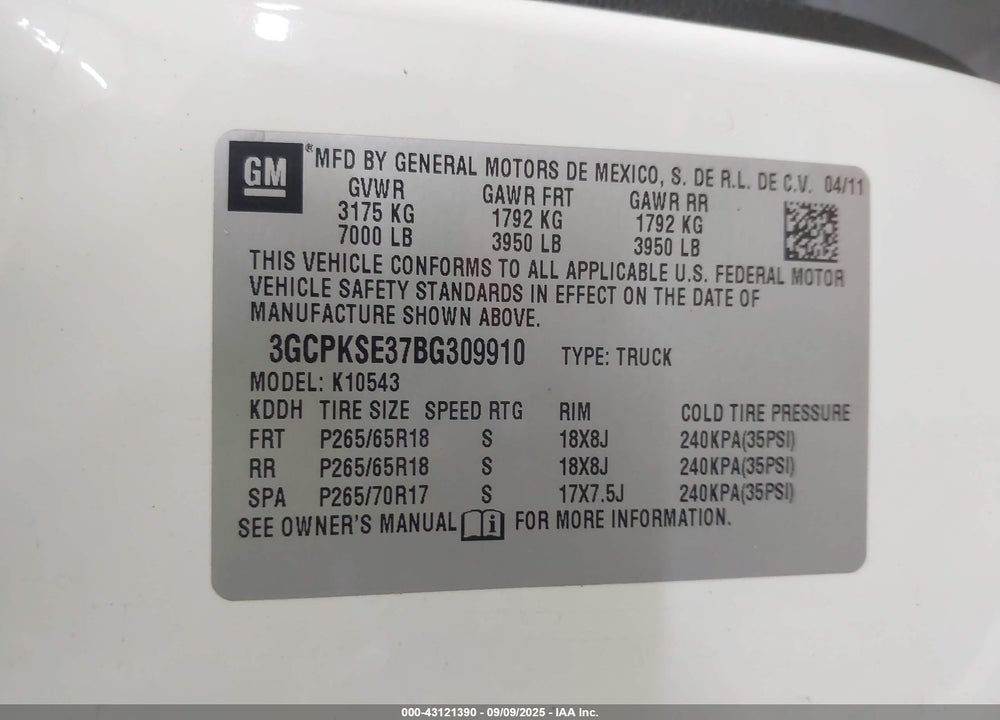 2011 CHEVROLET SILVERADO 1500 LT VIN: 3GCPKSE37BG309910