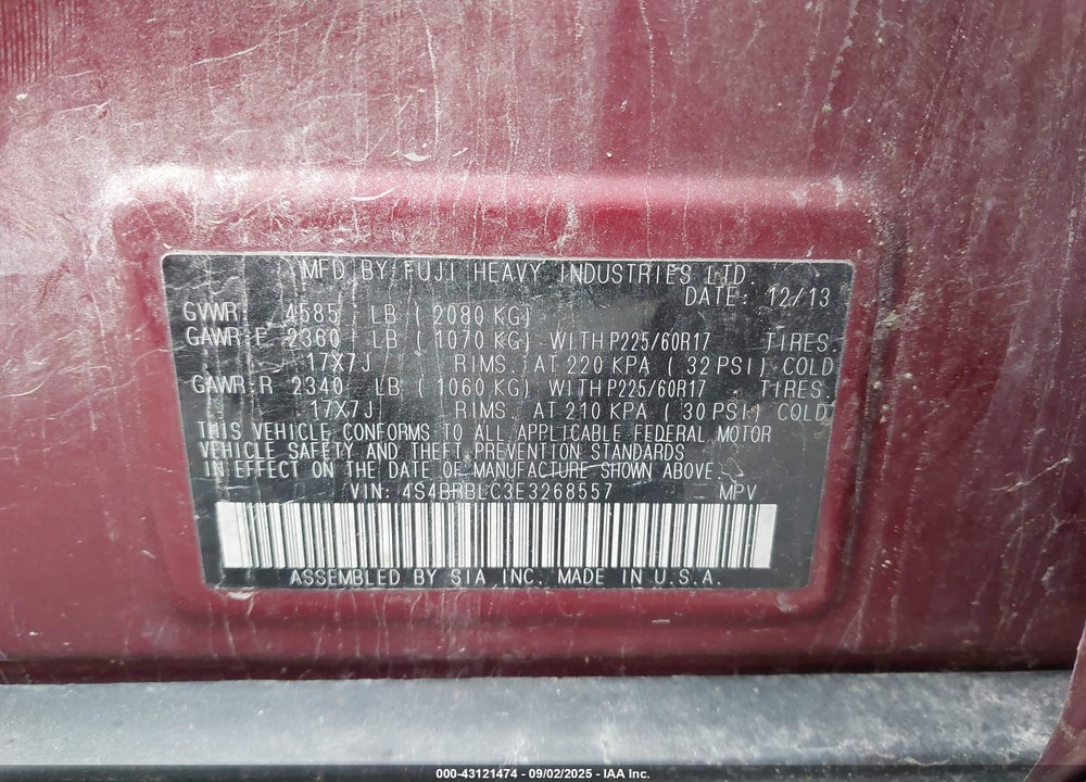 2014 SUBARU OUTBACK 2.5I LIMITED VIN: 4S4BRBLC3E3268557