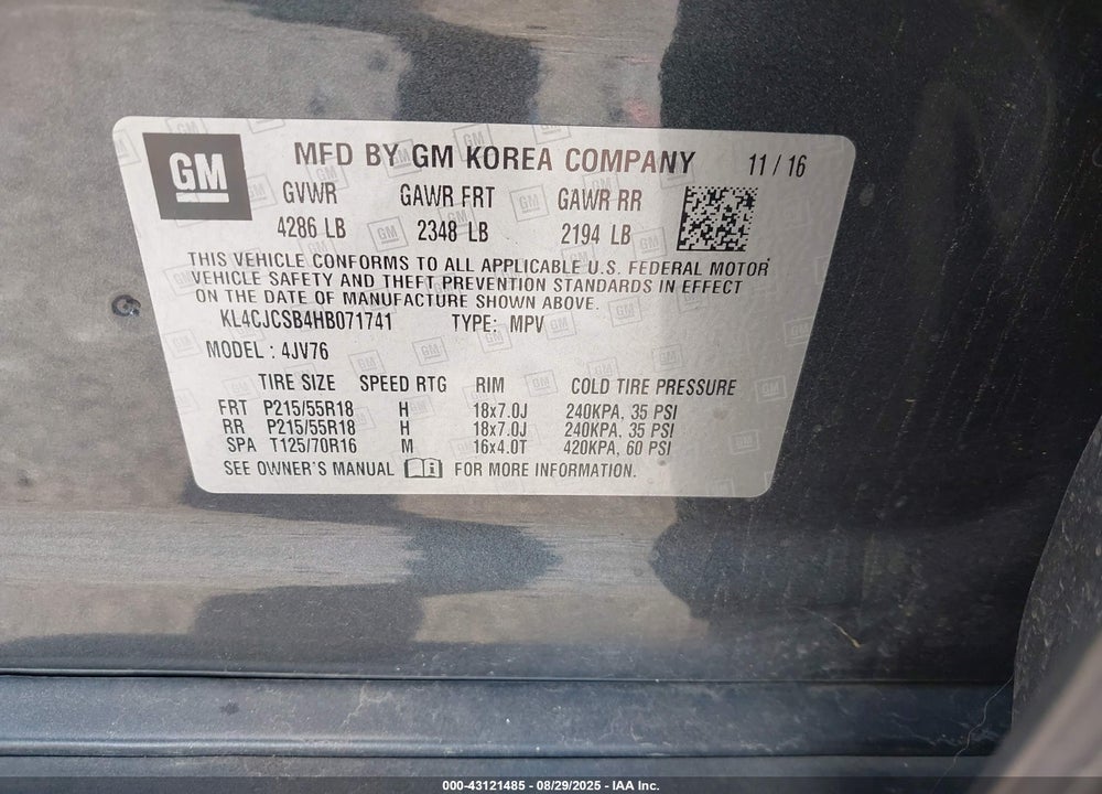 2017 BUICK ENCORE VIN: KL4CJCSB4HB071741