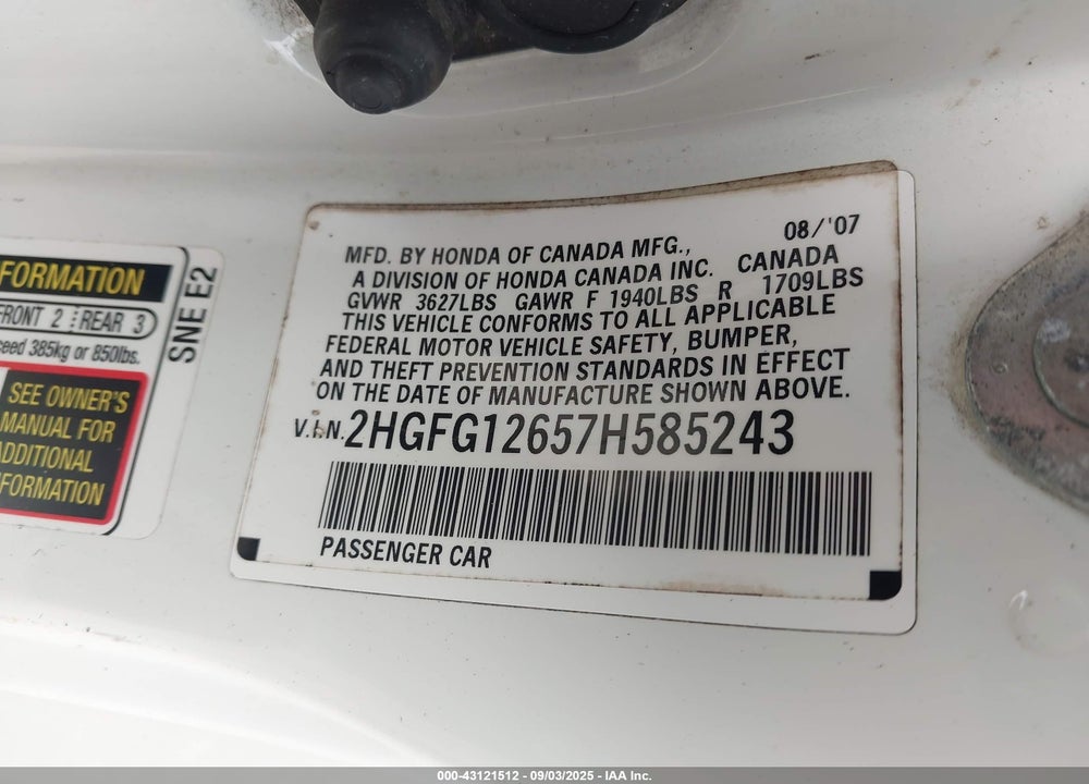 2007 HONDA CIVIC LX VIN: 2HGFG12657H585243
