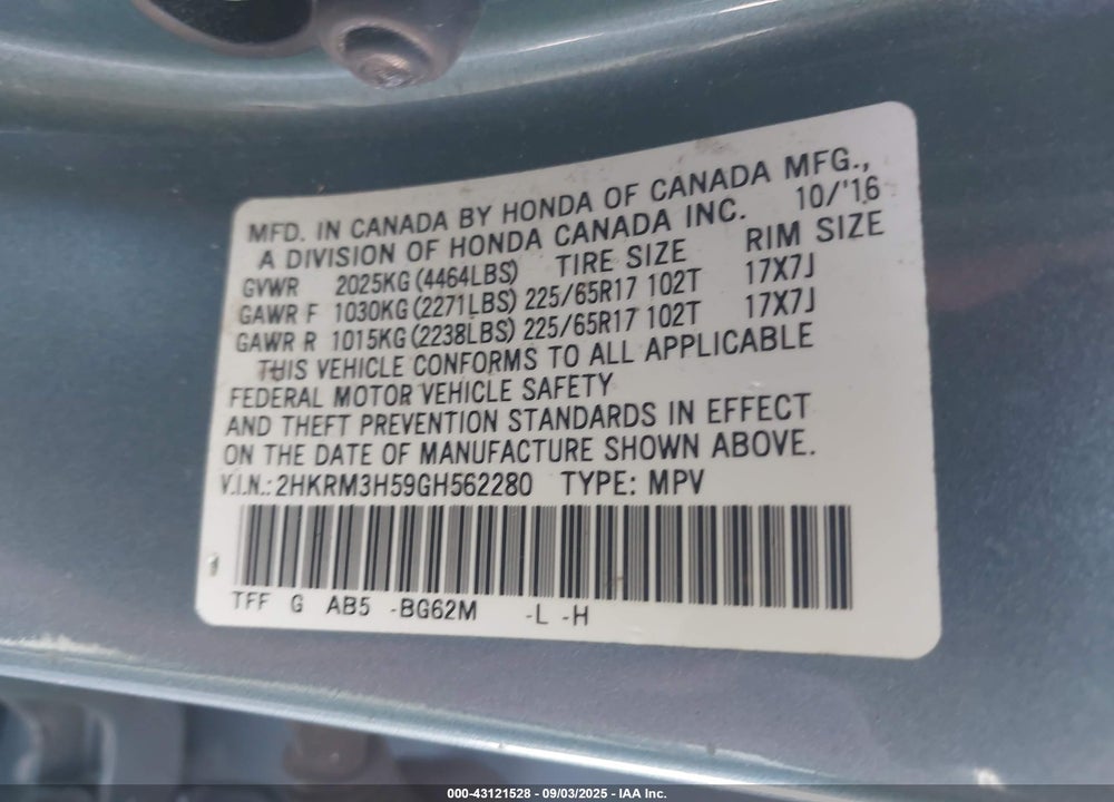 2016 HONDA CR-V VIN: 2HKRM3H59GH562280