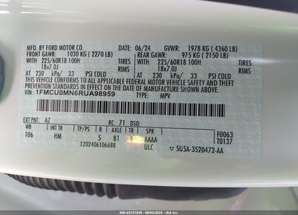 2024 FORD ESCAPE VIN: 1FMCU0MN6RUA98959