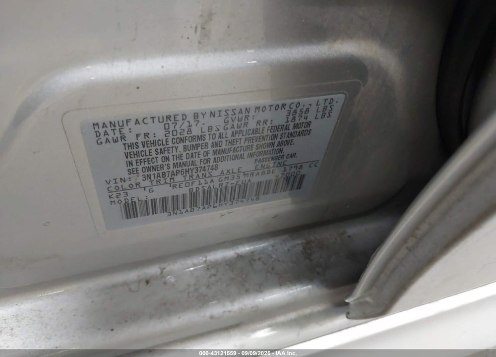 2017 NISSAN SENTRA VIN: 3N1AB7AP6HY374748