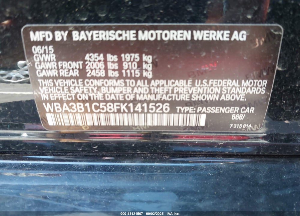 2015 BMW 3 SERIES VIN: WBA3B1C58FK141526