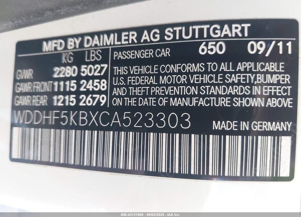2012 MERCEDES-BENZ E-CLASS VIN: WDDHF5KBXCA523303
