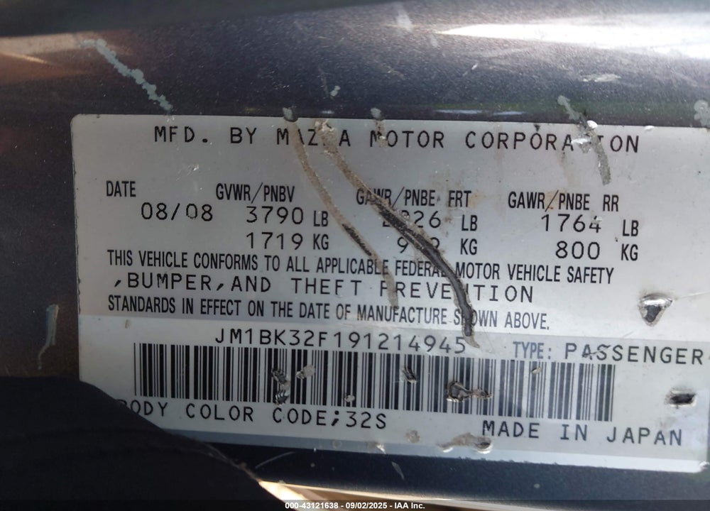 2009 MAZDA 3 VIN: JM1BK32F191214945
