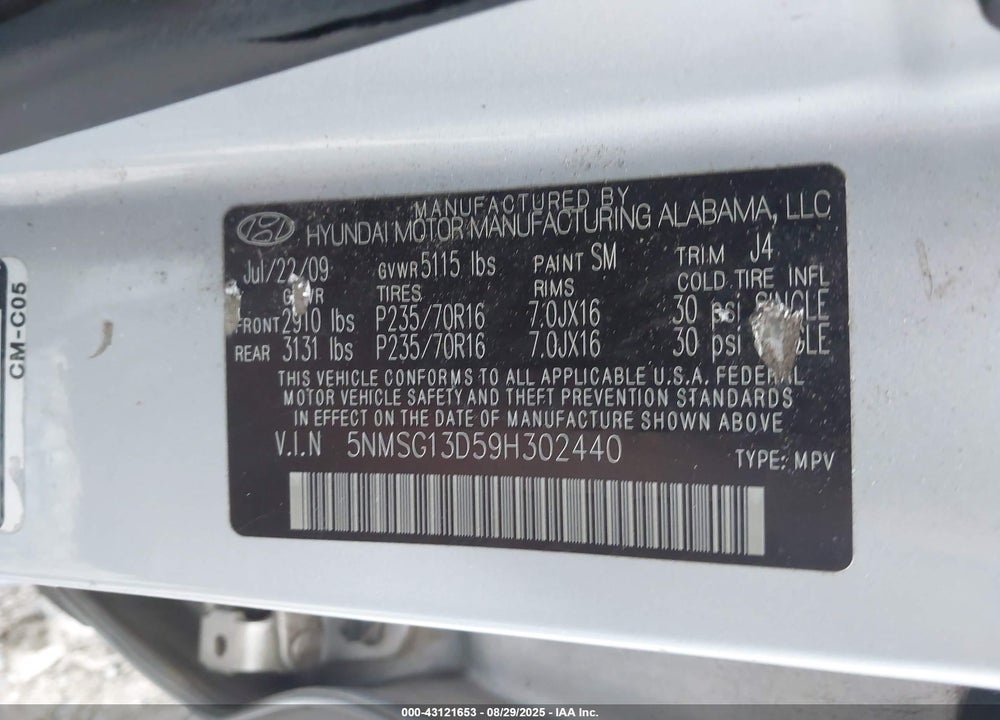 2009 HYUNDAI SANTA FE VIN: 5NMSG13D59H302440