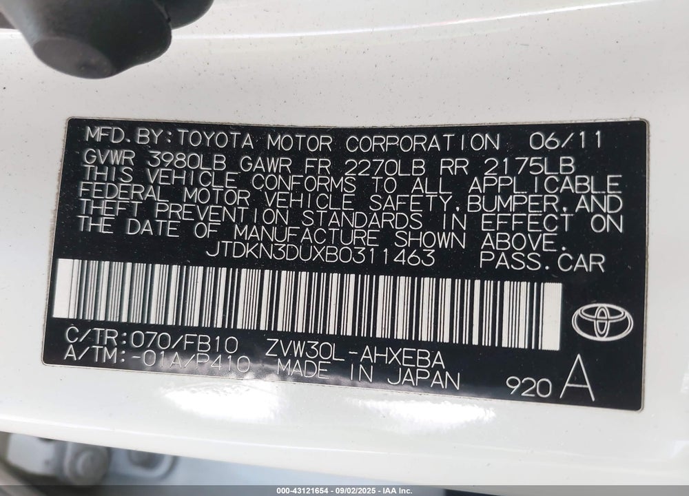 2011 TOYOTA PRIUS VIN: JTDKN3DUXB0311463