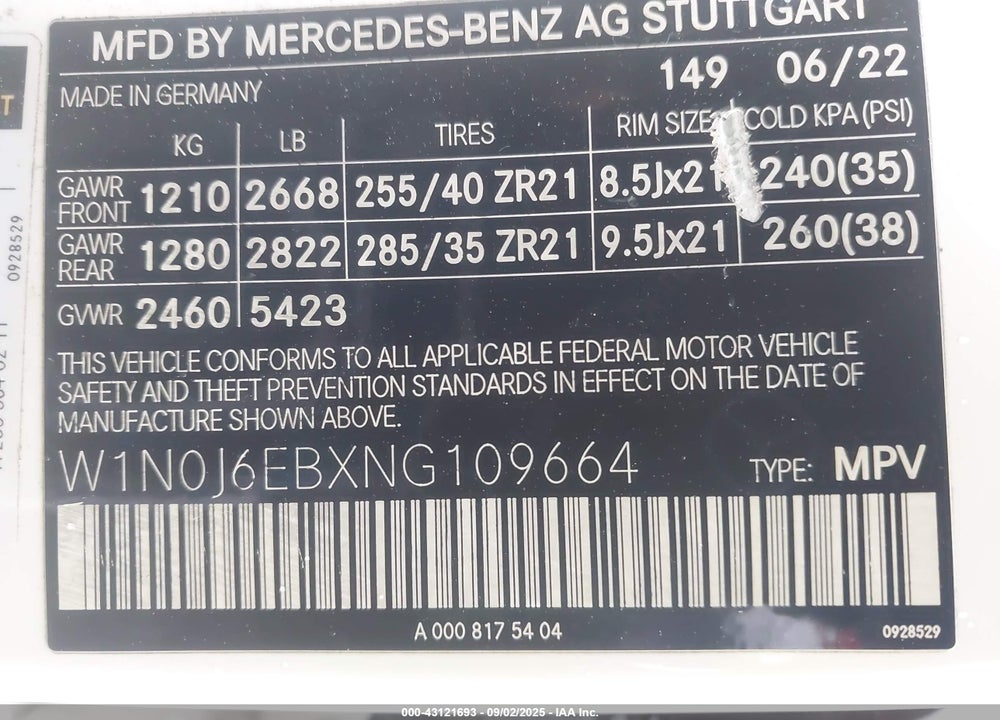 2022 MERCEDES-BENZ GLC CLASS VIN: W1N0J6EBXNG109664