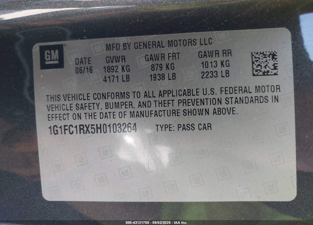 2017 CHEVROLET CAMARO VIN: 1G1FC1RX5H0103264