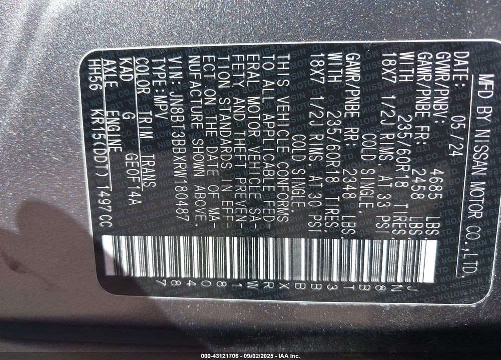 2024 NISSAN ROGUE VIN: JN8BT3BBXRW180487