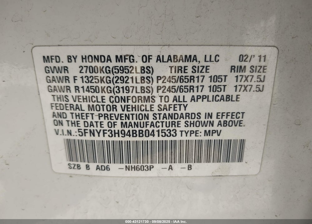 2011 HONDA PILOT VIN: 5FNYF3H94BB041533